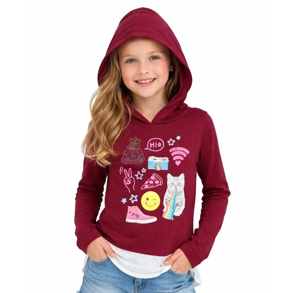Justice‎ Hoodie Kids Size 12 Burgundy Layered Graphic Cat Emoji Long Sleeve Top